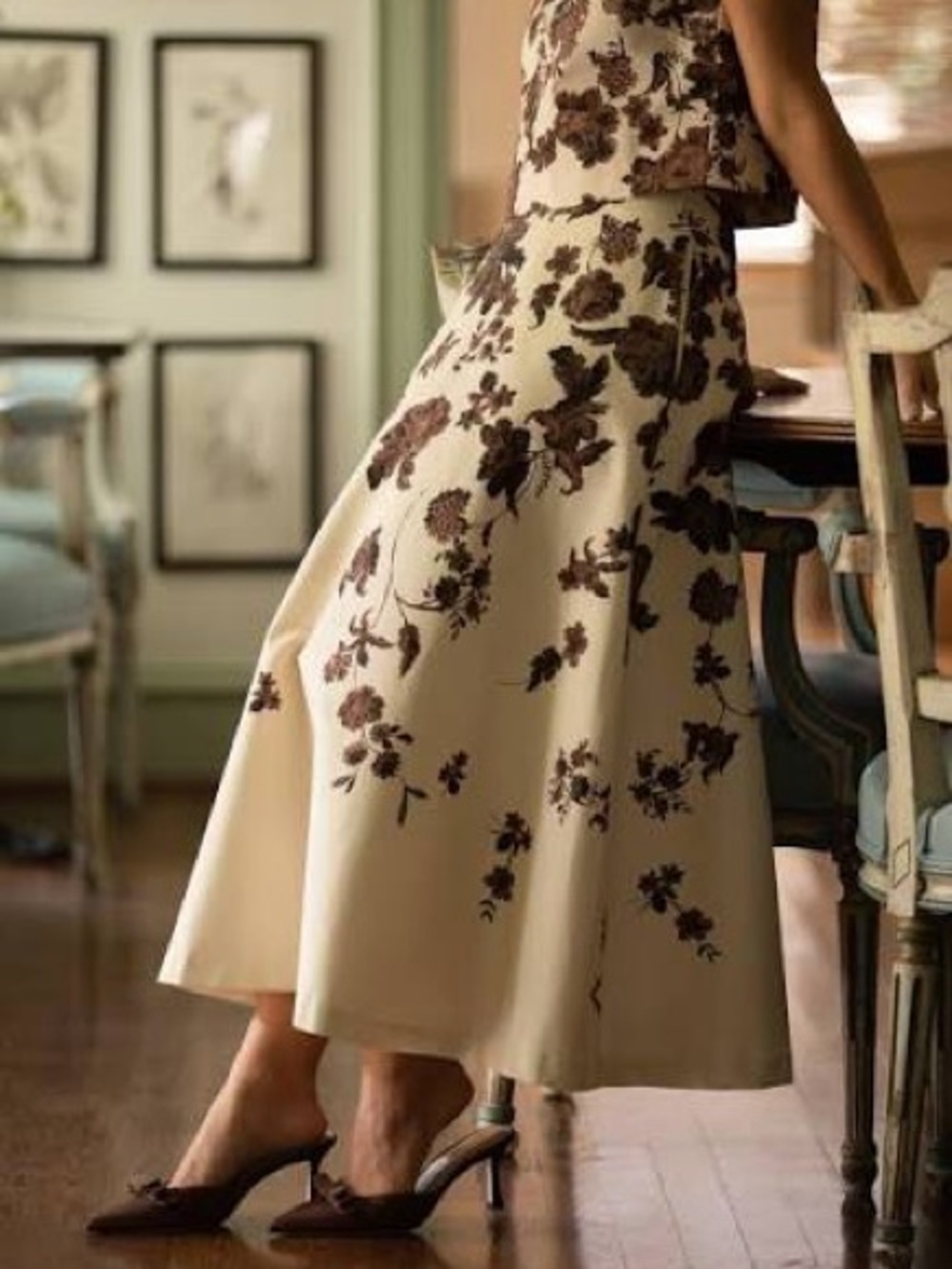 ANTONIO MELANI Cream Midi Skirt with Brown Floral Embroidery